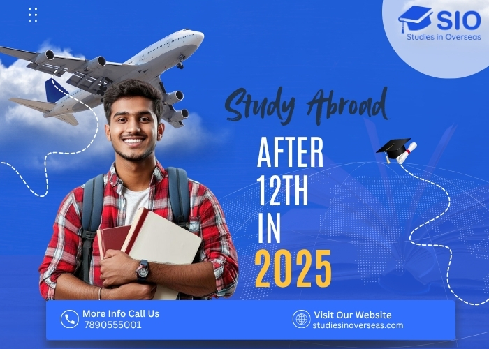 Smiling Indian student holding books with airplane in background – Study Abroad after 12th in 2025 with SIO (Studies in Overseas)