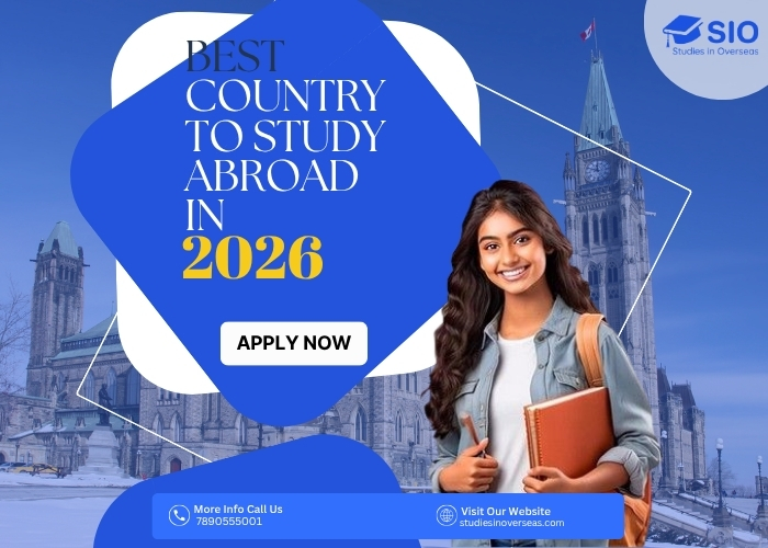 Smiling Indian student with books promoting best country to study abroad in 2026 with Studies In Overseas consultancy