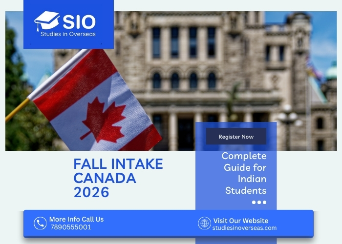 Canadian flag in front of university building promoting Fall Intake Canada 2026 – Studies in Overseas (SIO) guide for Indian students
