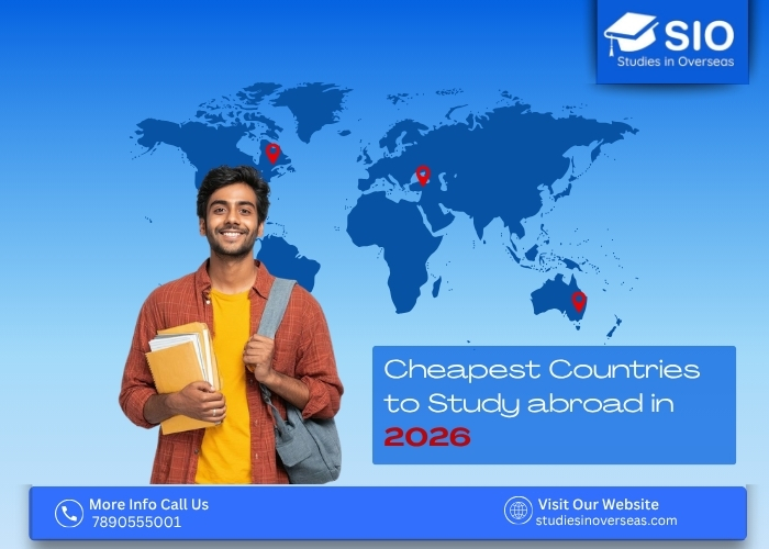 Indian student with books smiling in front of world map highlighting cheapest countries to study abroad in 2026