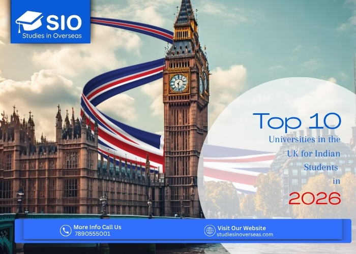 A group of international Indian students standing in front of a famous UK university campus in 2026, celebrating admission success with books and graduation caps.