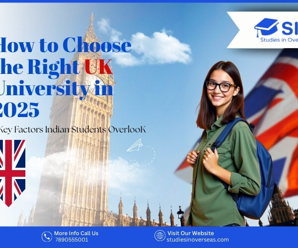 Female student with backpack standing near Big Ben and UK flag promoting a guide on choosing the right UK university in 2025 by SIO.