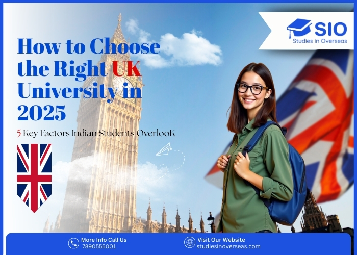 Female student with backpack standing near Big Ben and UK flag promoting a guide on choosing the right UK university in 2025 by SIO.